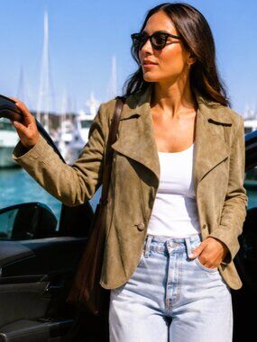 Jones New York Sz L Petite Genuine Suede Leather Blazer Jacket PaleButter Yellow